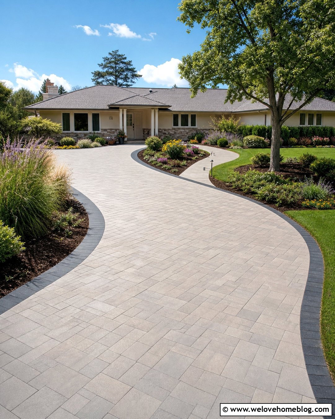 Curved Interlock Driveway Border With Garden Beds - 20 Interlock Driveway Border Ideas