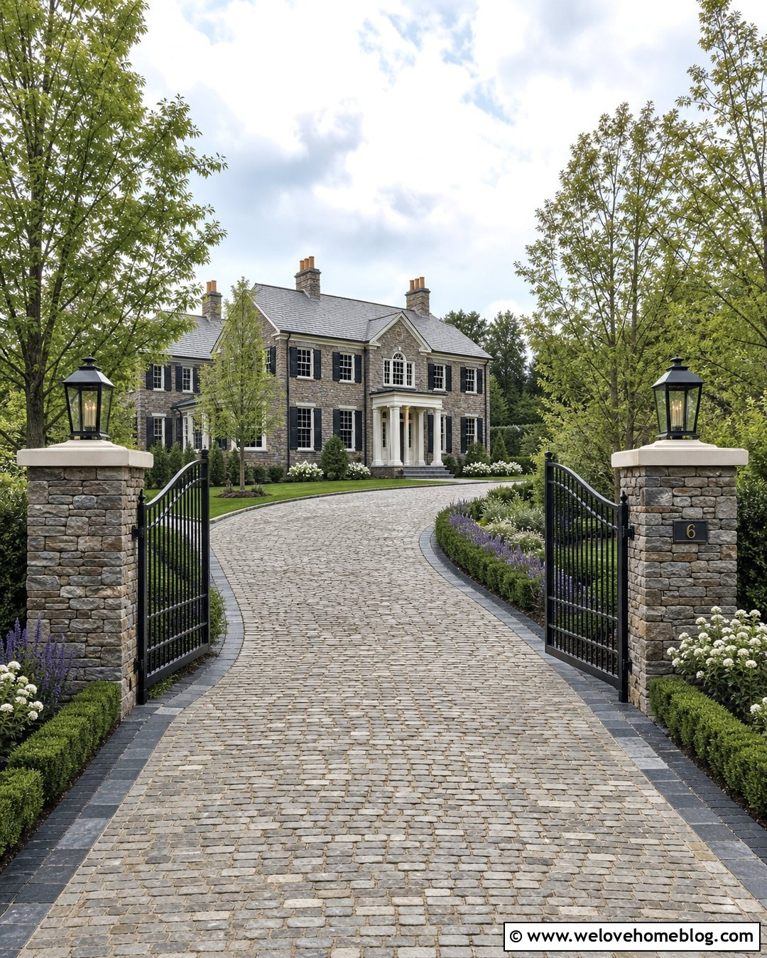 Curved Iron Driveway Gate With Cobblestone Driveway - 20 Driveway Gate With Stone Pillars Ideas