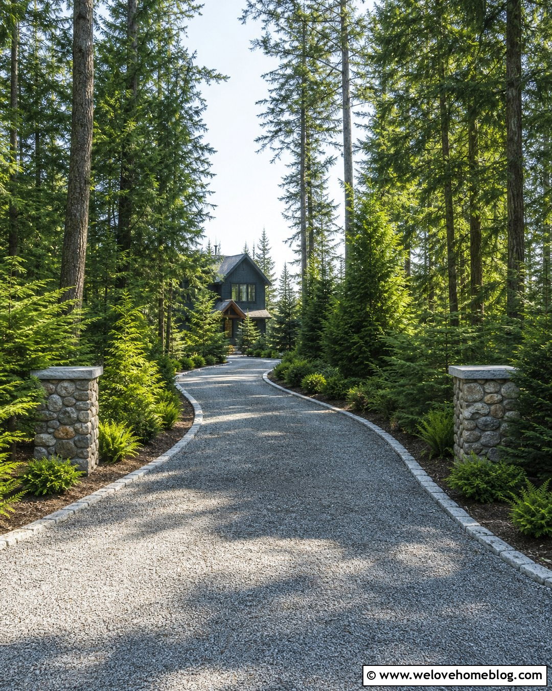 Curved Lake House Driveway Entrance With Evergreen Screening - 20 Lake House Driveway Entrance Ideas