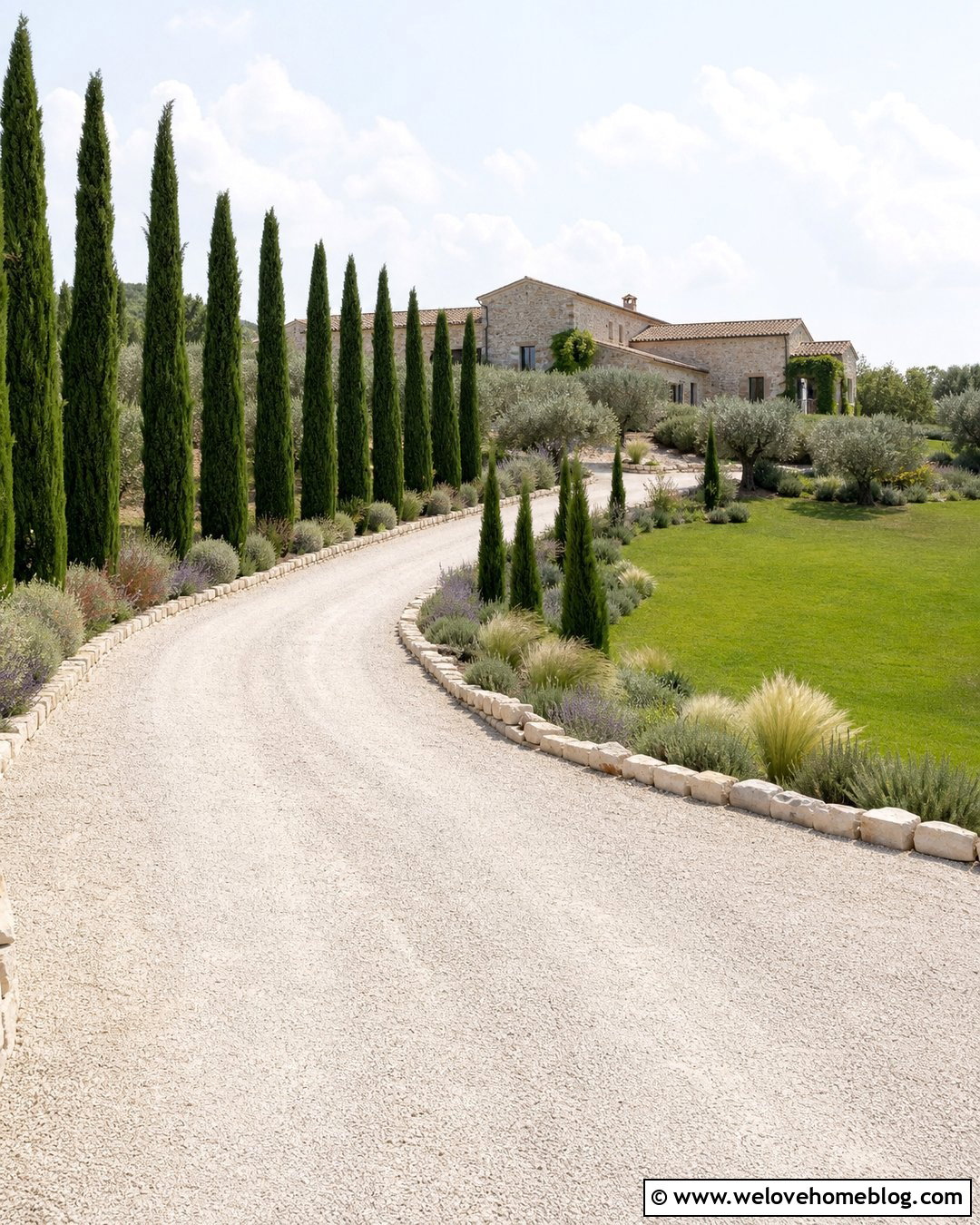 Curved Limestone Driveway With Cypress Trees - 20 cypress tree lined driveway ideas