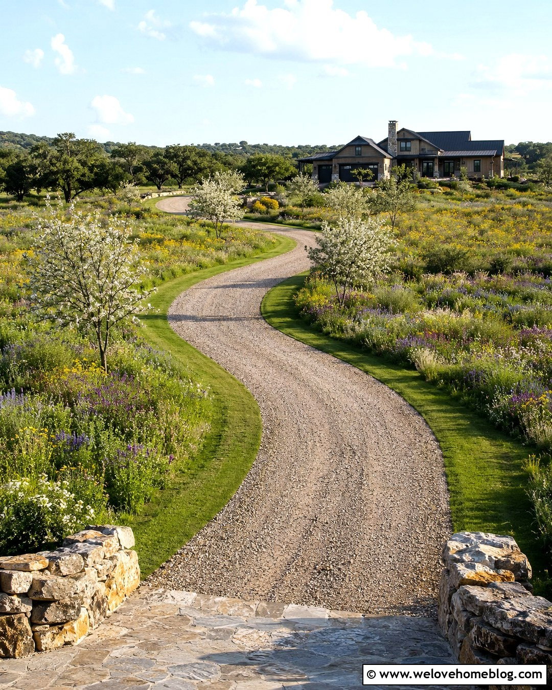 Curved Long Gravel Driveway With Wildflower Meadow - 20 long gravel driveway landscaping ideas