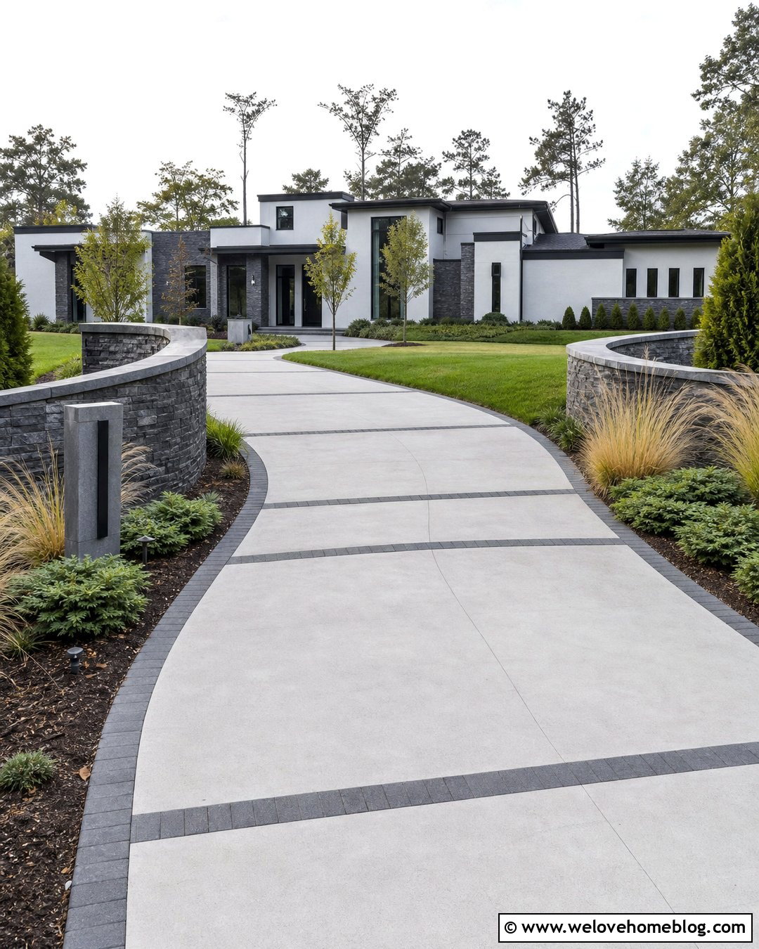Curved Modern Stone Wall Entrance - 20 Curved Stone Wall Driveway Entrance Ideas