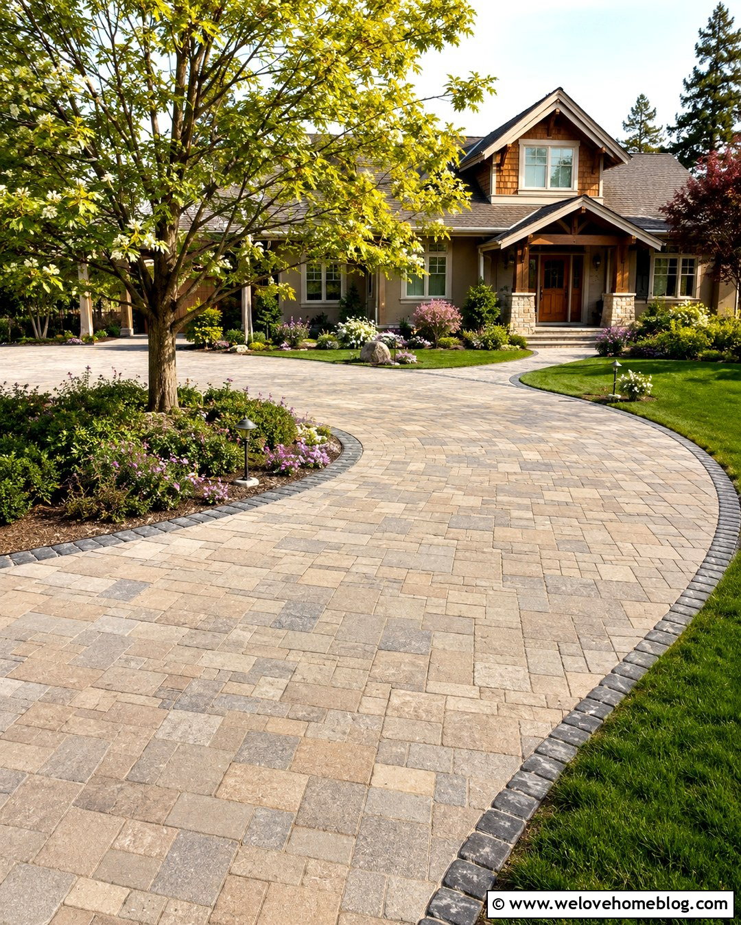Curved Paver Driveway With Cobblestone Edging - 20 paver driveways ideas