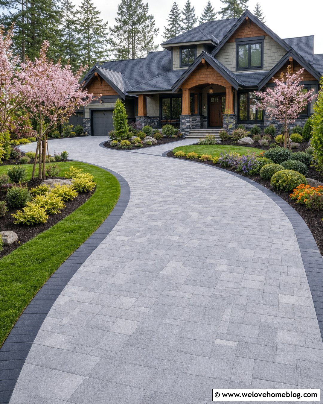 Curved Paver Driveway With Layered Landscaping - 20 Adding Driveway To Front Yard Ideas