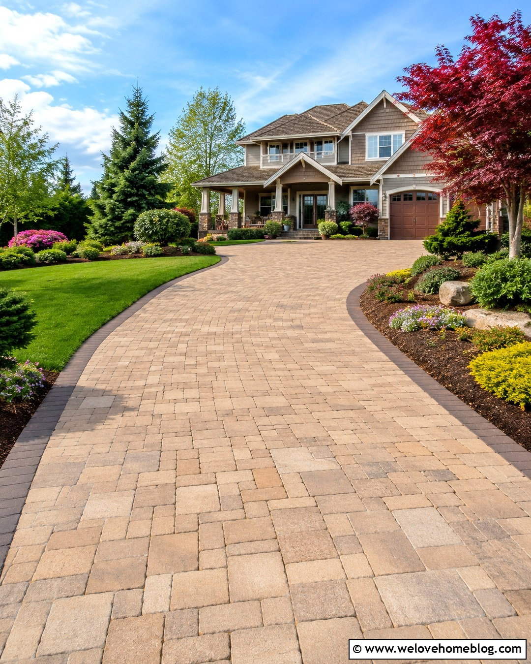 Curved Paver Driveway With Layered Shrubs - 20 paver driveway landscaping ideas