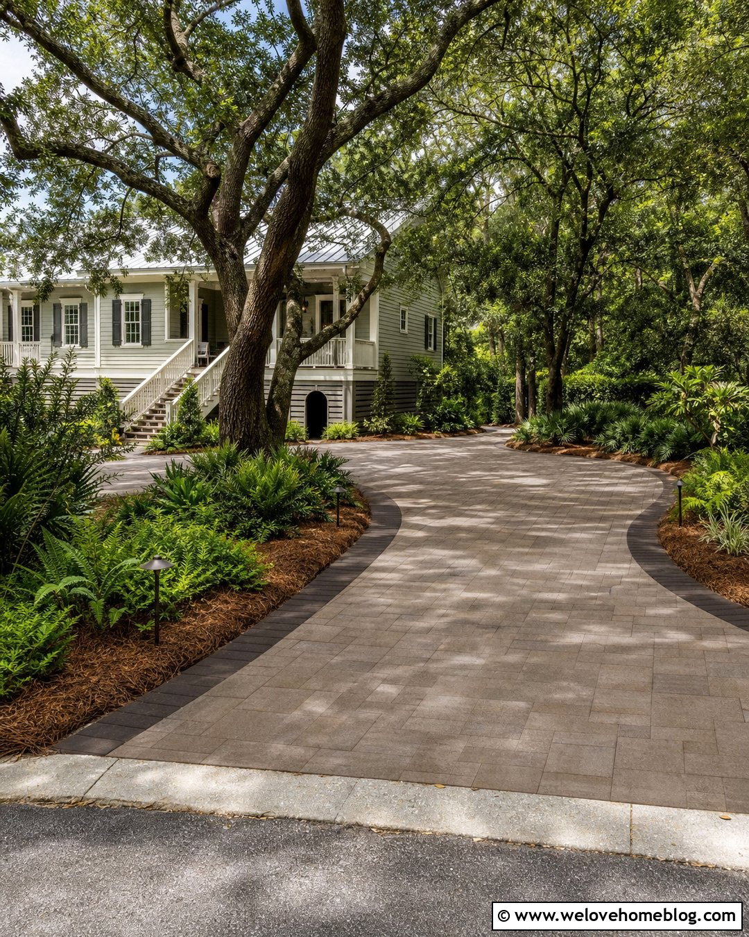 Curved Paver Driveway With Live Oaks - 20 Lowcountry Paver Driveway Ideas