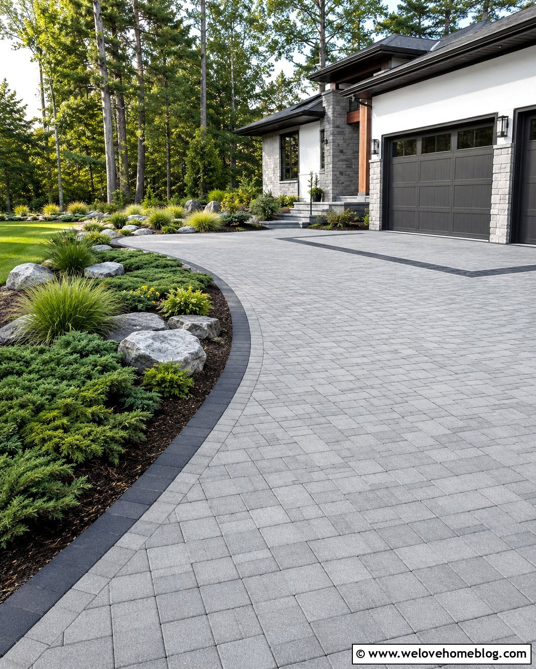 Curved Paver Driveway With Low Planting - 20 modern driveway paver design ideas