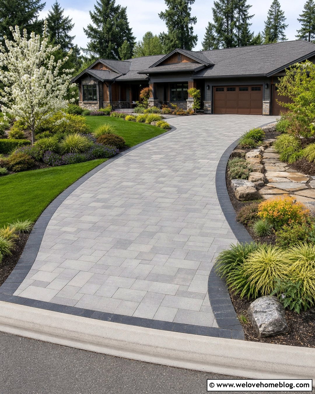 Curved Paver Driveway With Planted Borders - 25 Paving Driveway Ideas