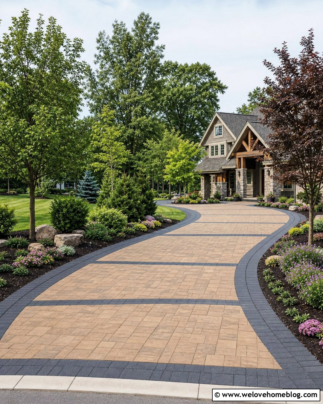 Curved Paver Driveway With Tan And Charcoal Bands - 20 lowes pavers for driveway ideas