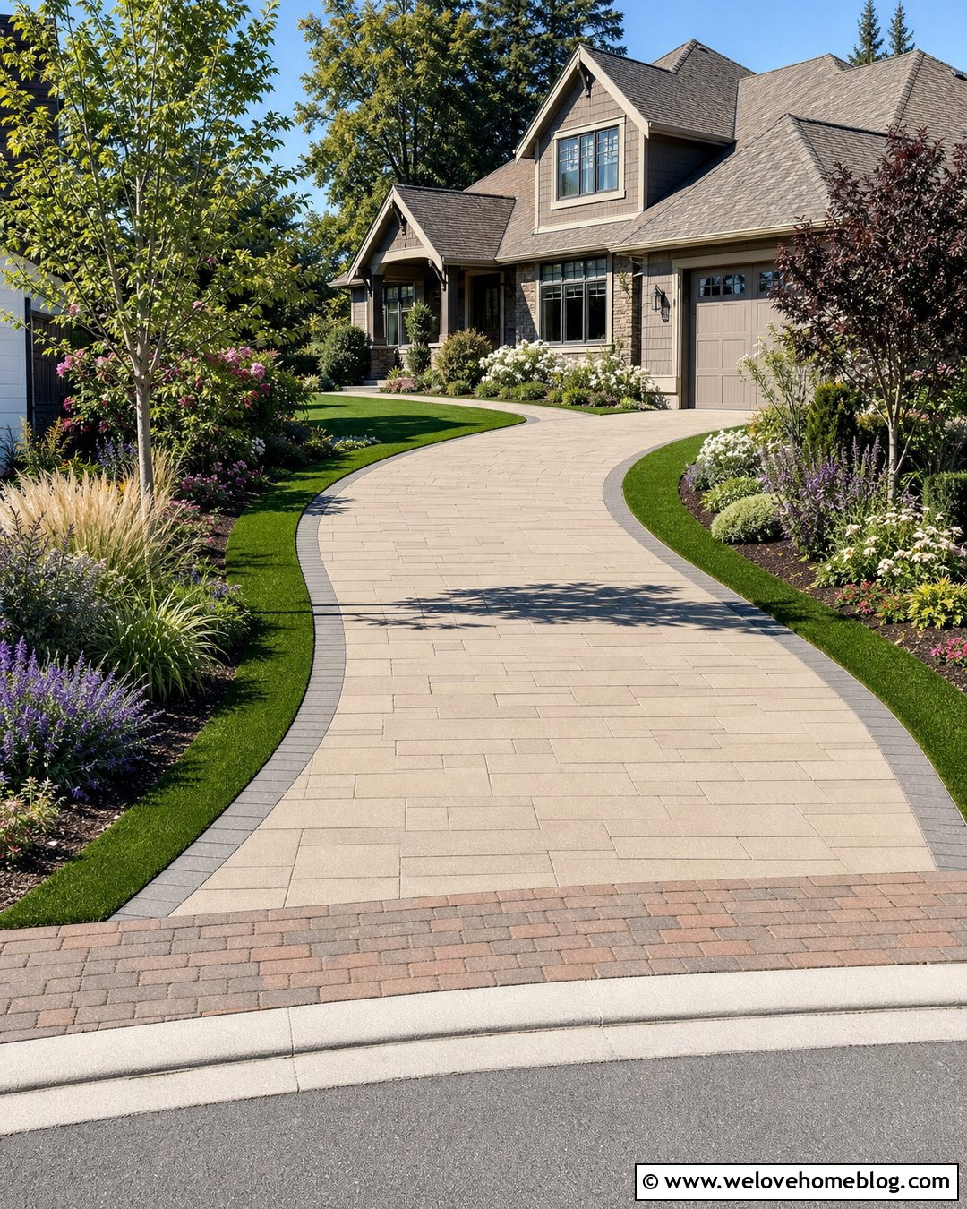 Curved Paver Driveway With Turf Borders - 20 Driveway With Turf Ideas