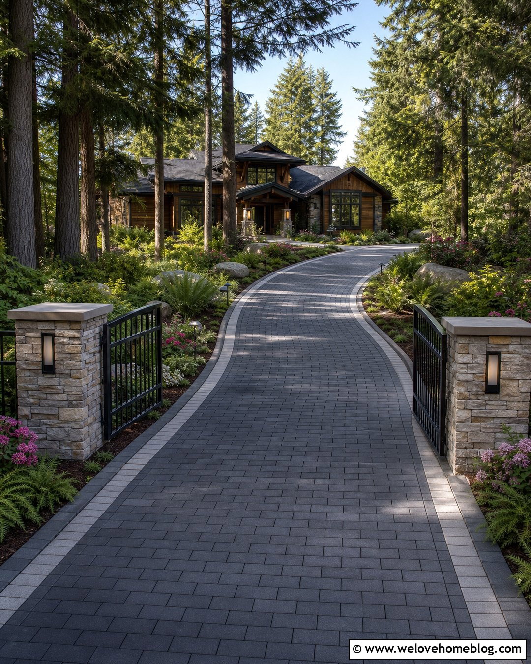 Curved Paver Driveway With Woodland Lighting - 25 long driveway landscaping entrance ideas