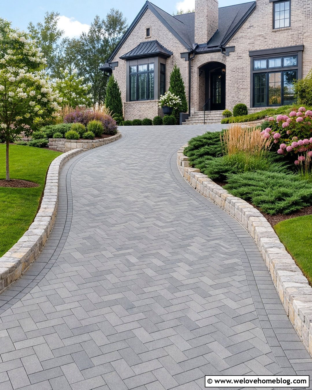 Curved Paver Uphill Driveway With Stone Edging - 25 Uphill Driveway Ideas
