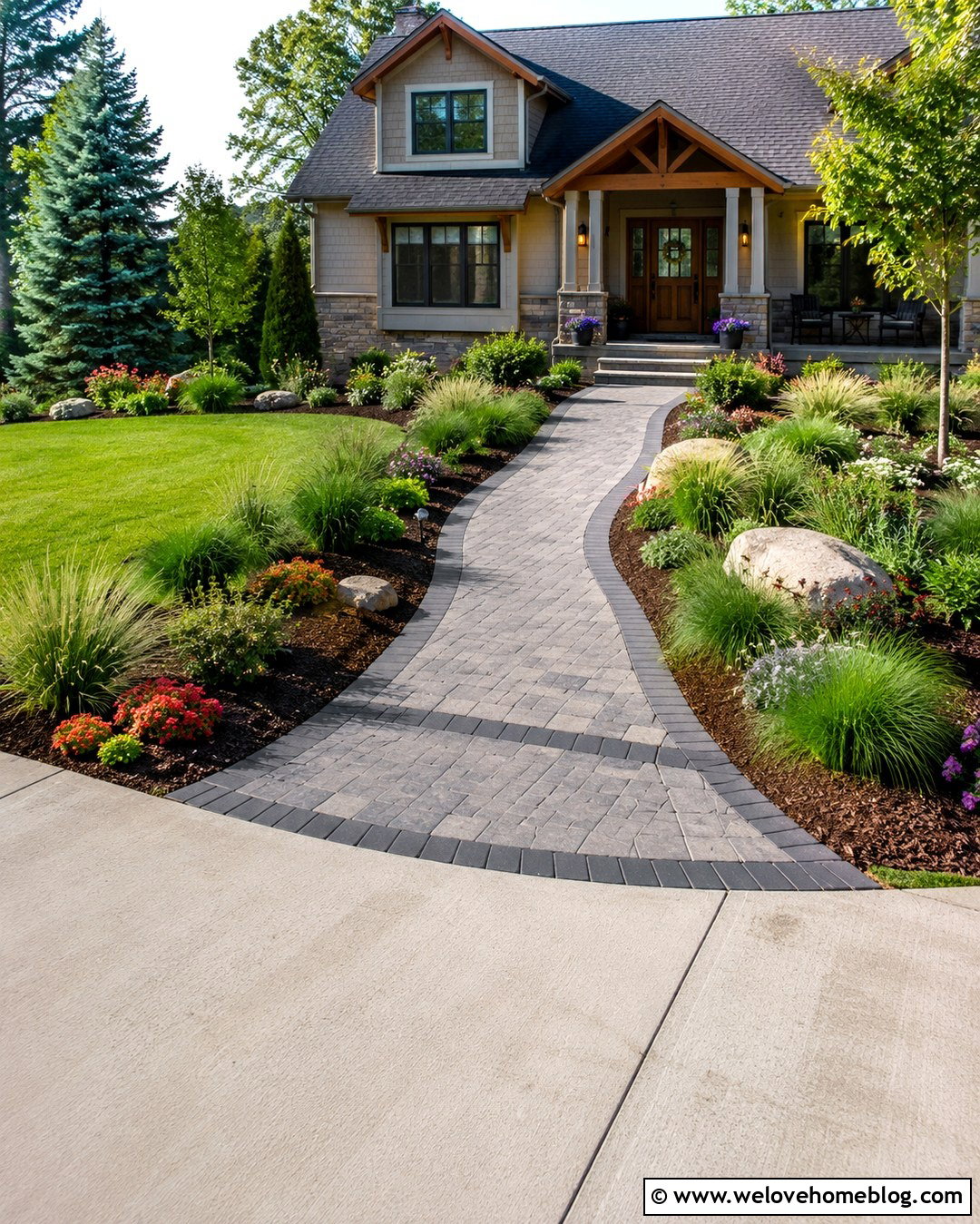 Curved Paver Walkway From Driveway To Front Porch - 20 Front Porch Walkway To Driveway Ideas