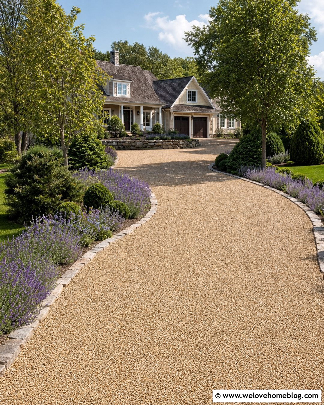 Curved Pea Gravel Driveway With Stone Edging - 25 Car Driveway Ideas
