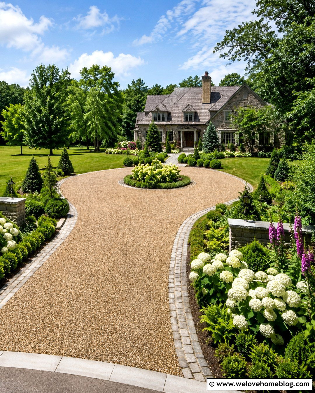 Curved Pea Gravel Manor Driveway - 20 Manor Driveway Ideas