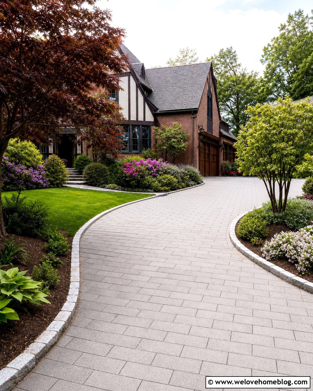 Curved Permeable Paver Driveway With Stone Edging - 30 Permeable Pavers Driveways Ideas