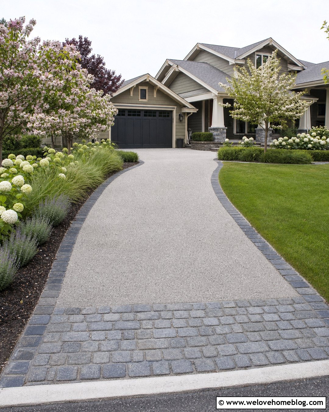 Curved Pervious Concrete Driveway With Cobblestone Edging - 20 Permeable Concrete Driveway Ideas