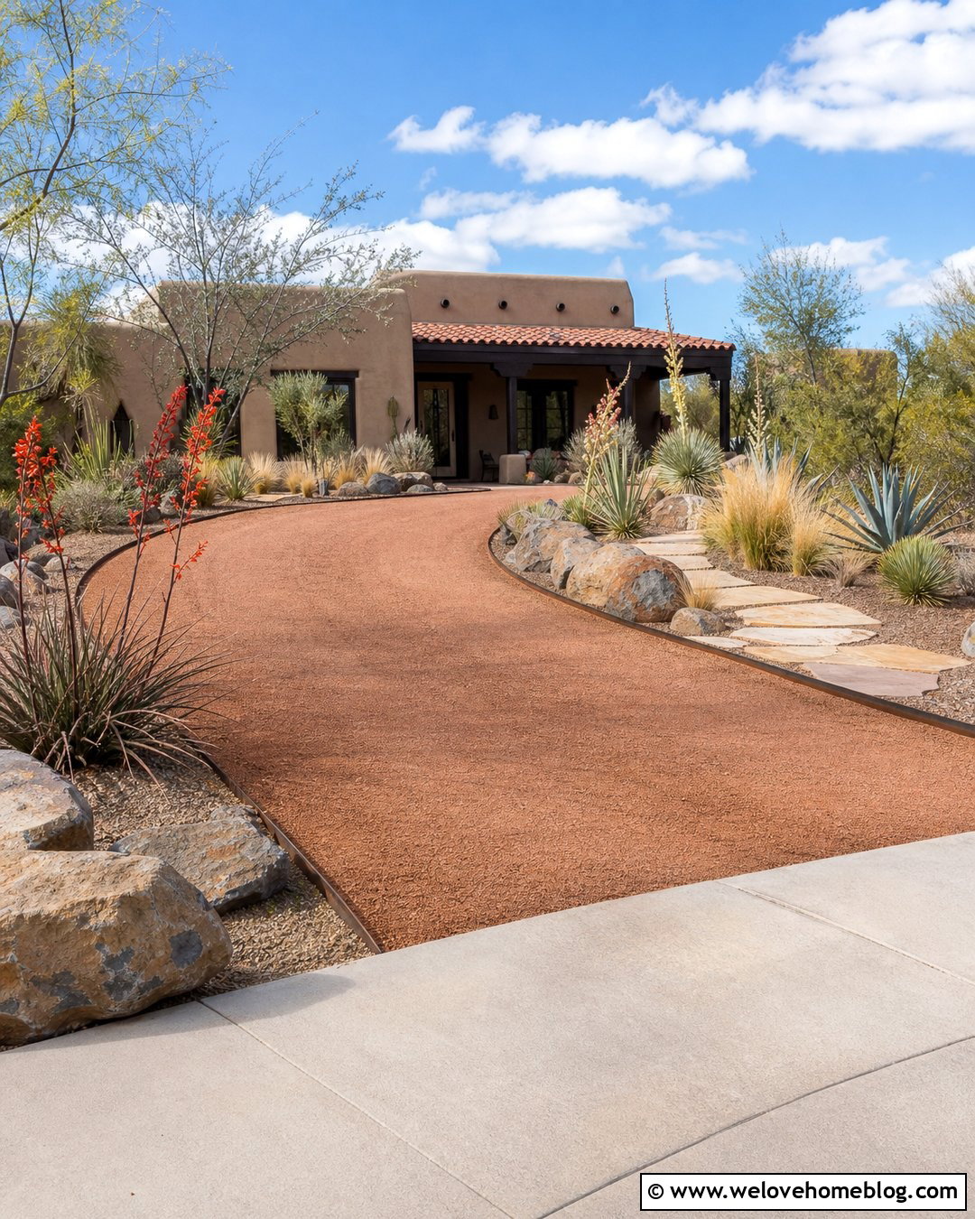 Curved Red Gravel Driveway With Desert Landscaping - 35 Curved Driveway Ideas