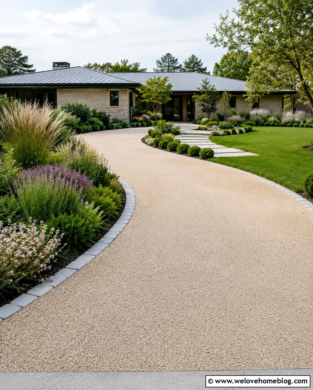 Curved Resin Driveway With Ornamental Grasses - 20 Planted Driveway Ideas