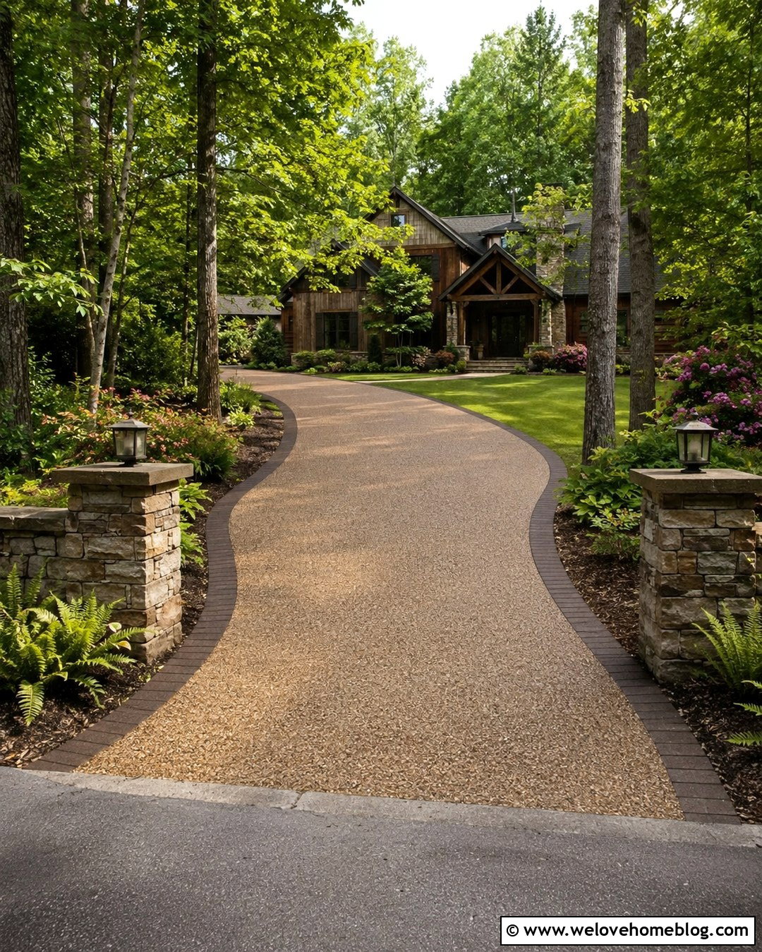 Curved Resin Driveway With Woodland Planting - 20 Resin Driveway Inspiration Ideas