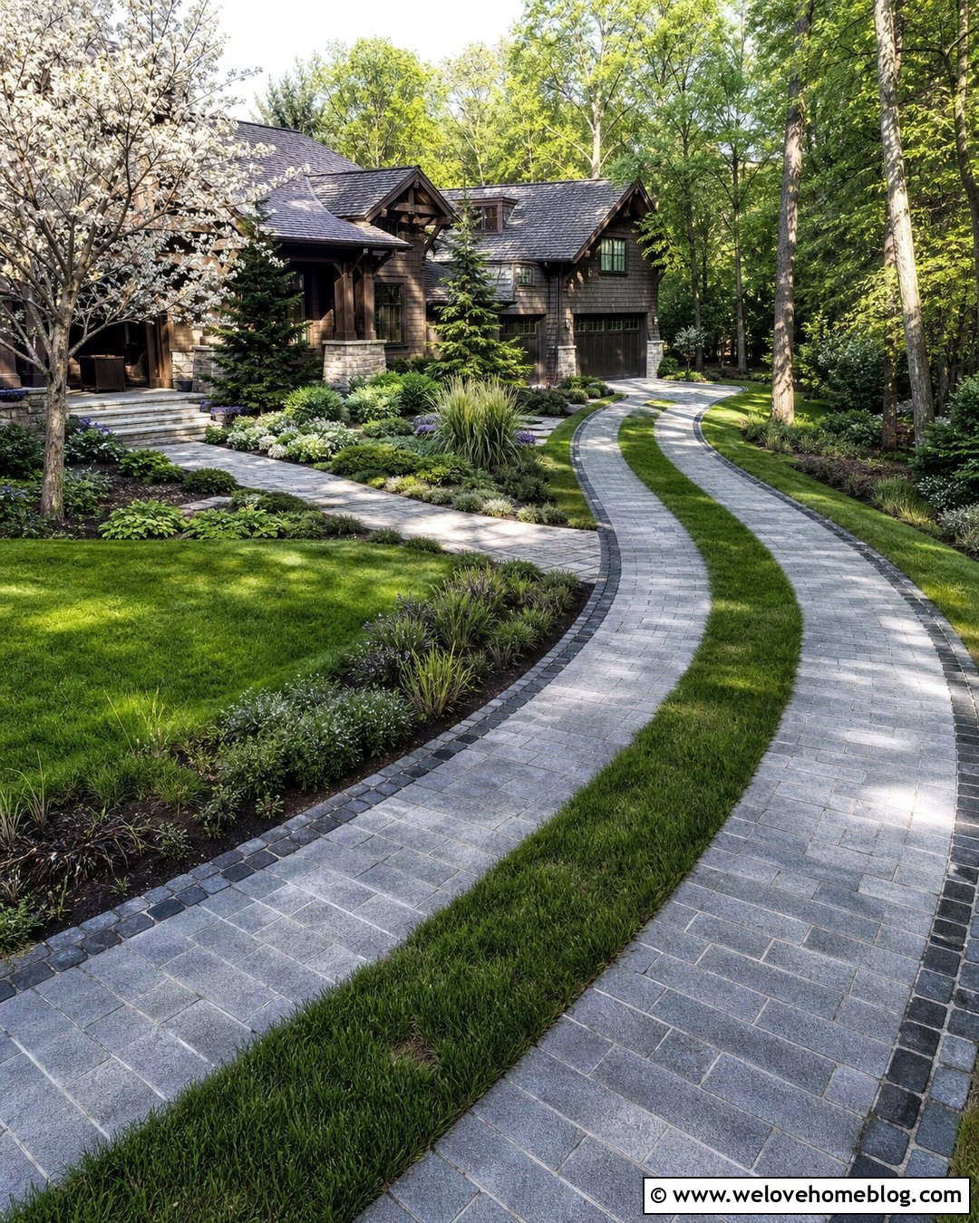 Curved Ribbon Driveway With Stone Pavers - 20 Ribbon Driveway Pavers Ideas