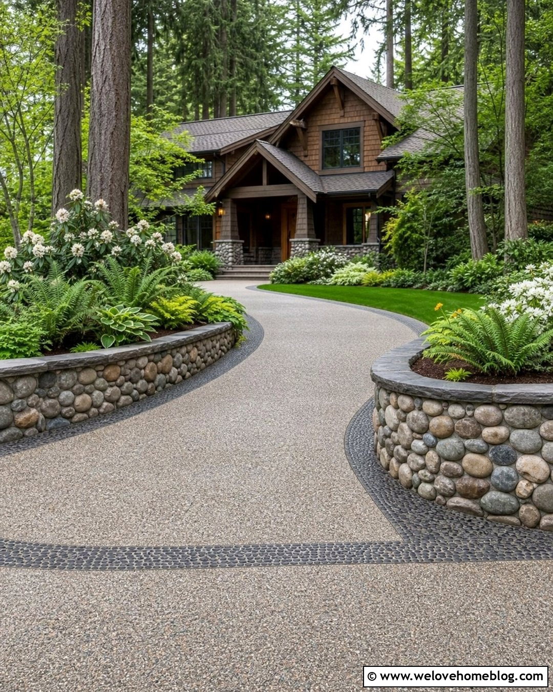 Curved River Rock Wall With Concrete Driveway - 20 Curved Stone Wall Driveway Entrance Ideas