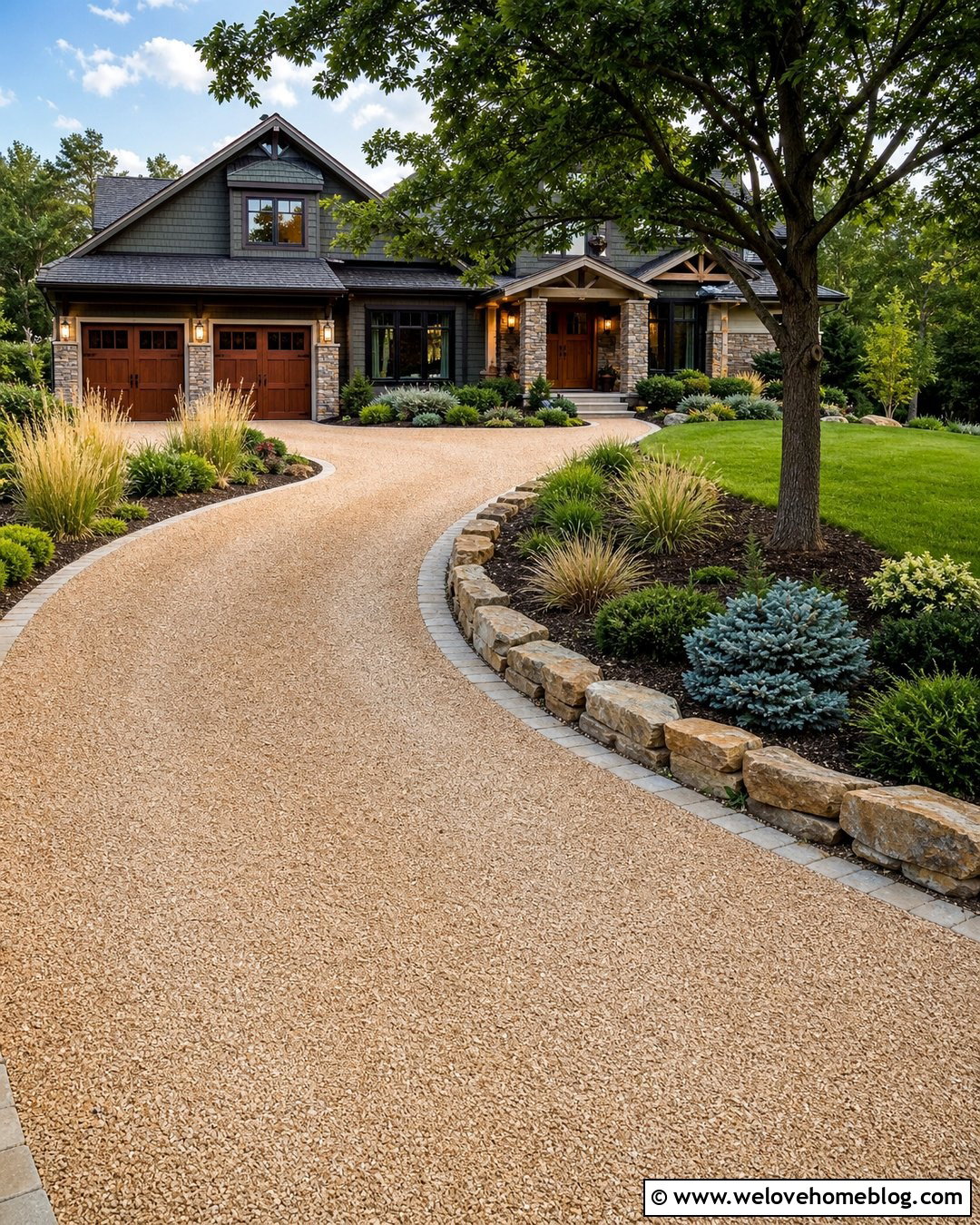 Curved Sandstone Gravel Driveway With Stone Borders - 20 sandstone gravel driveway ideas