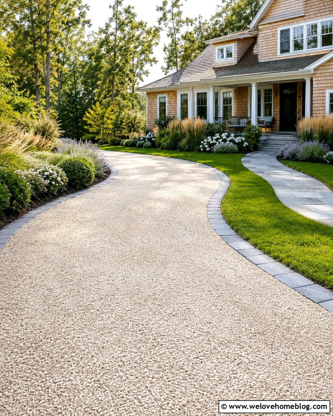 Curved Seashell Driveway With Bluestone Border - 20 Seashell Driveway Ideas