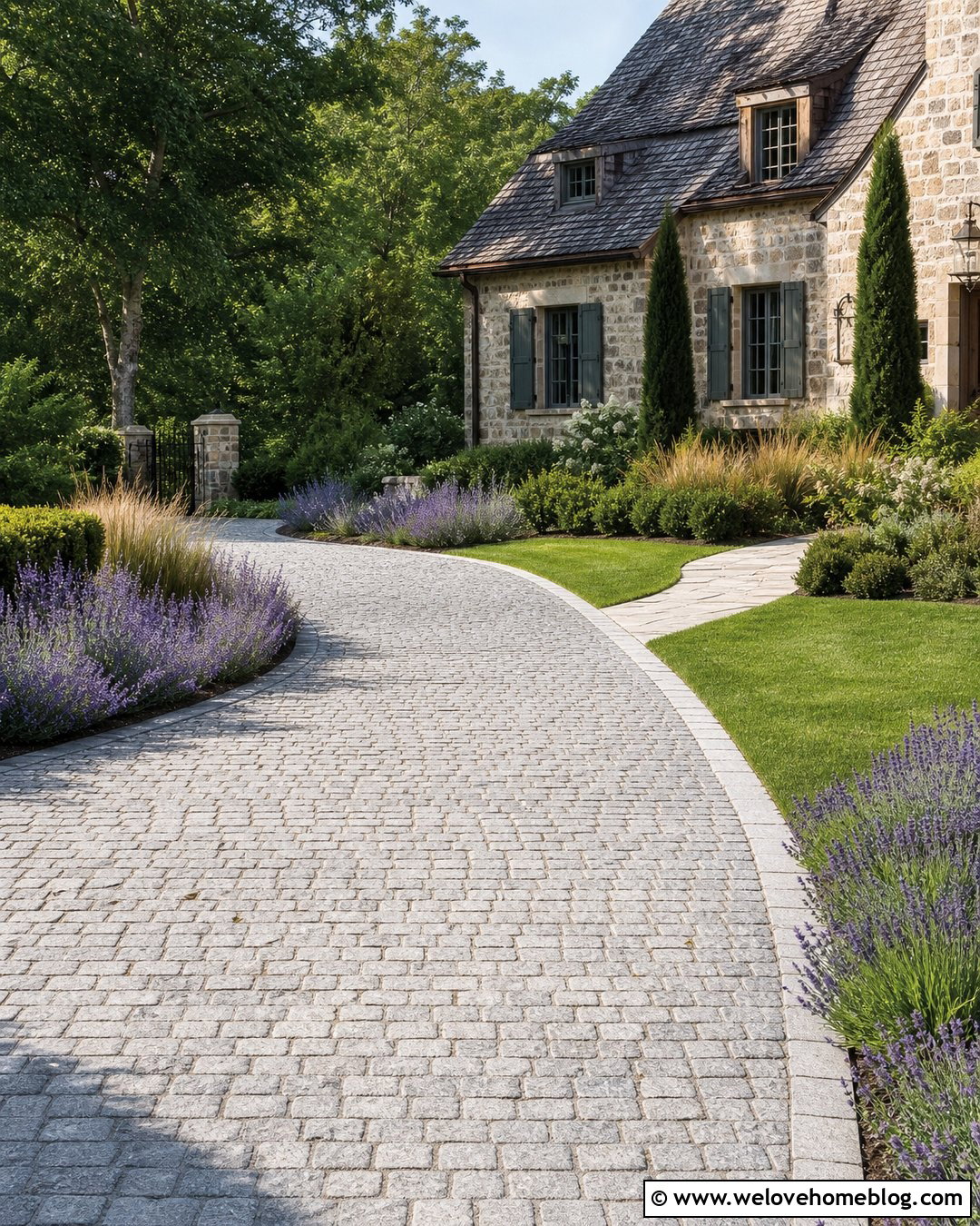 Curved Square Cobblestone Driveway With Lavender Borders - 20 Square Cobblestone Driveway Ideas