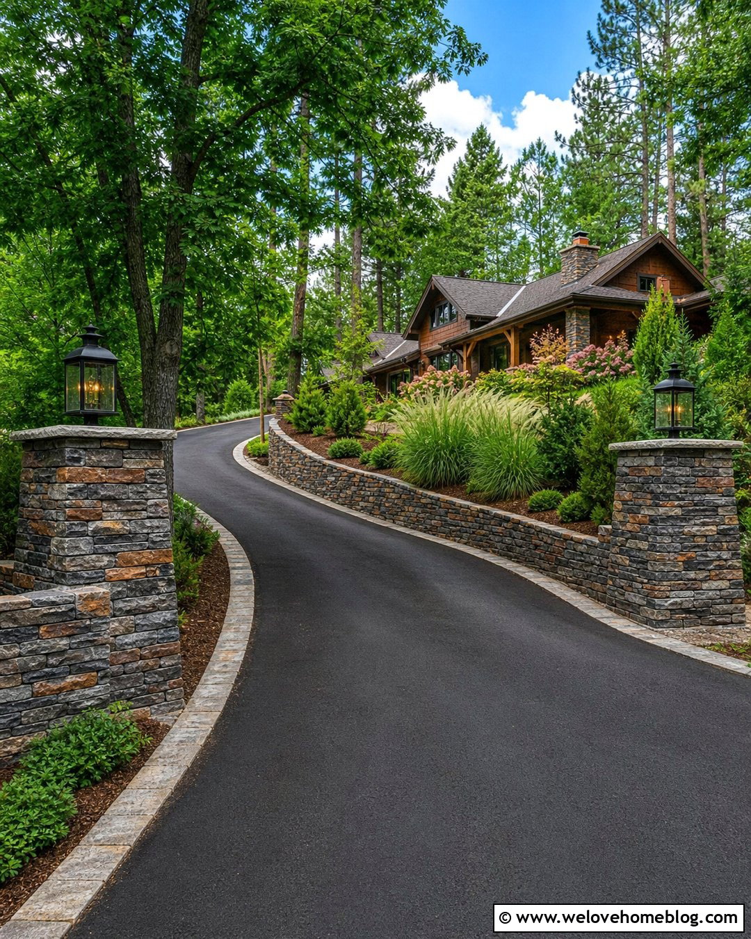Curved Stacked Stone Wall With Asphalt Driveway - 20 Curved Stone Wall Driveway Entrance Ideas