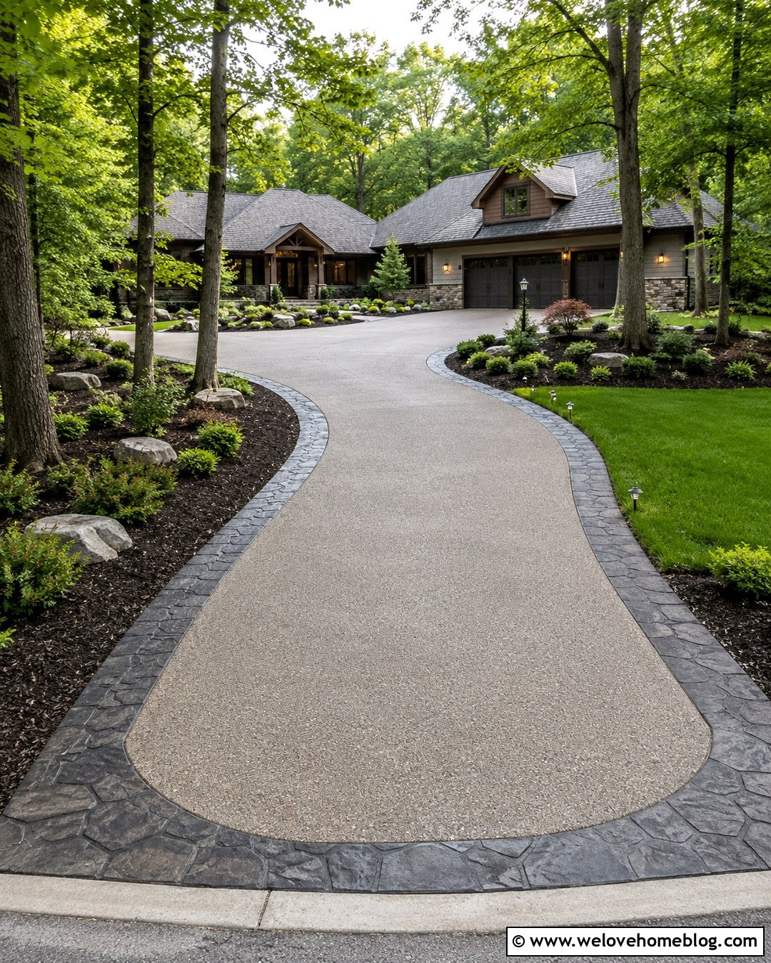 Curved Stamped Concrete Driveway Border With Stone Texture - 20 Stamped Concrete Driveway Border Ideas