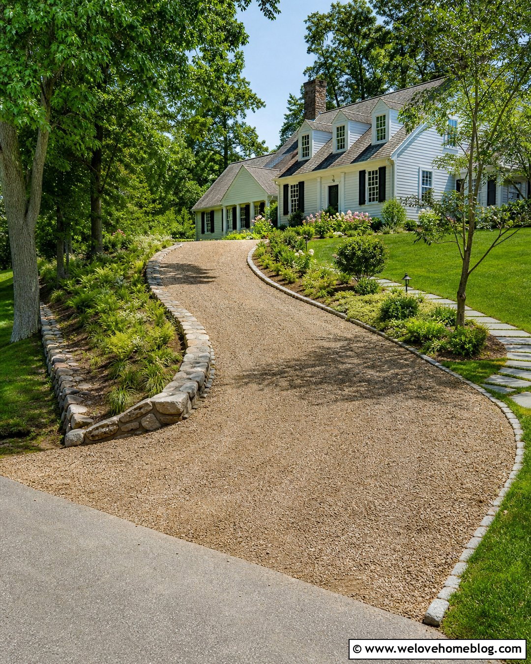 Curved Steep Gravel Driveway With Stone Edging - 20 Steep Gravel Driveway Solutions Ideas