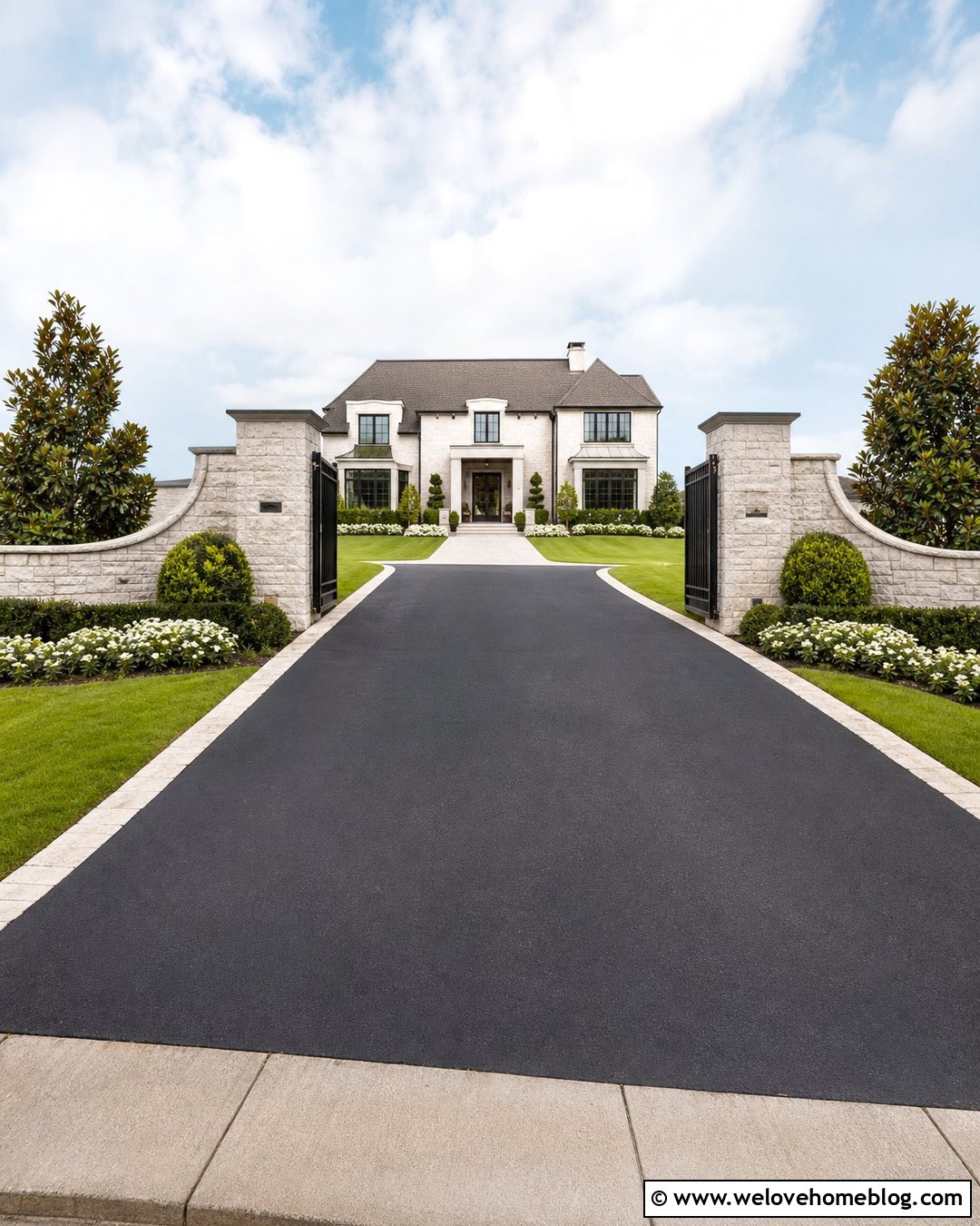 Curved Stone Wall With Black Metal Gate - 20 Curved Stone Wall Driveway Entrance Ideas