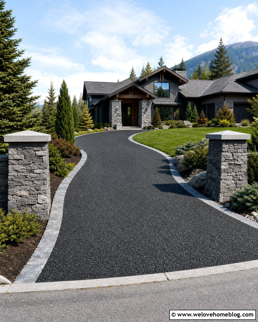 Curved Stone Wall With Evergreen Landscaping - 20 Curved Stone Wall Driveway Entrance Ideas