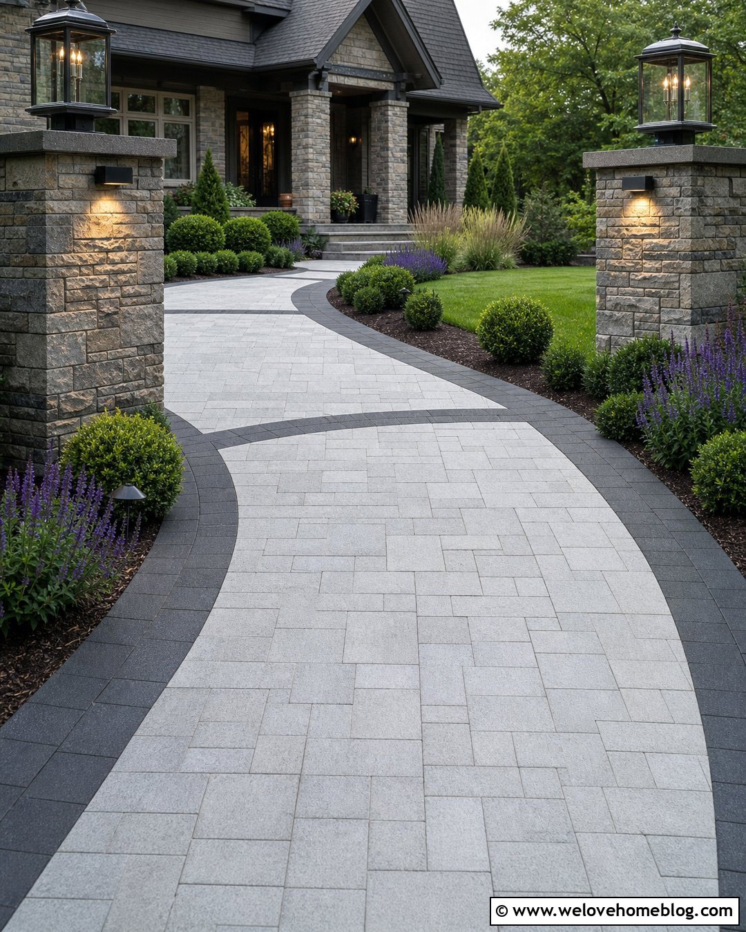 Curved Stone Wall With Lighted Pillars - 20 Curved Stone Wall Driveway Entrance Ideas