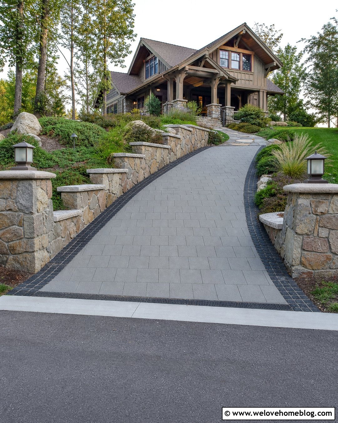 Curved Stone Wall With Sloped Driveway - 20 Curved Stone Wall Driveway Entrance Ideas