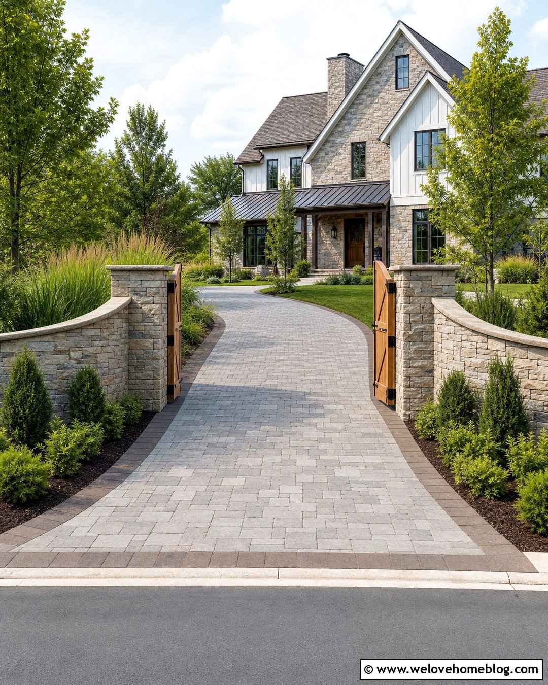 Curved Stone Wall With Wood Gate - 20 Curved Stone Wall Driveway Entrance Ideas