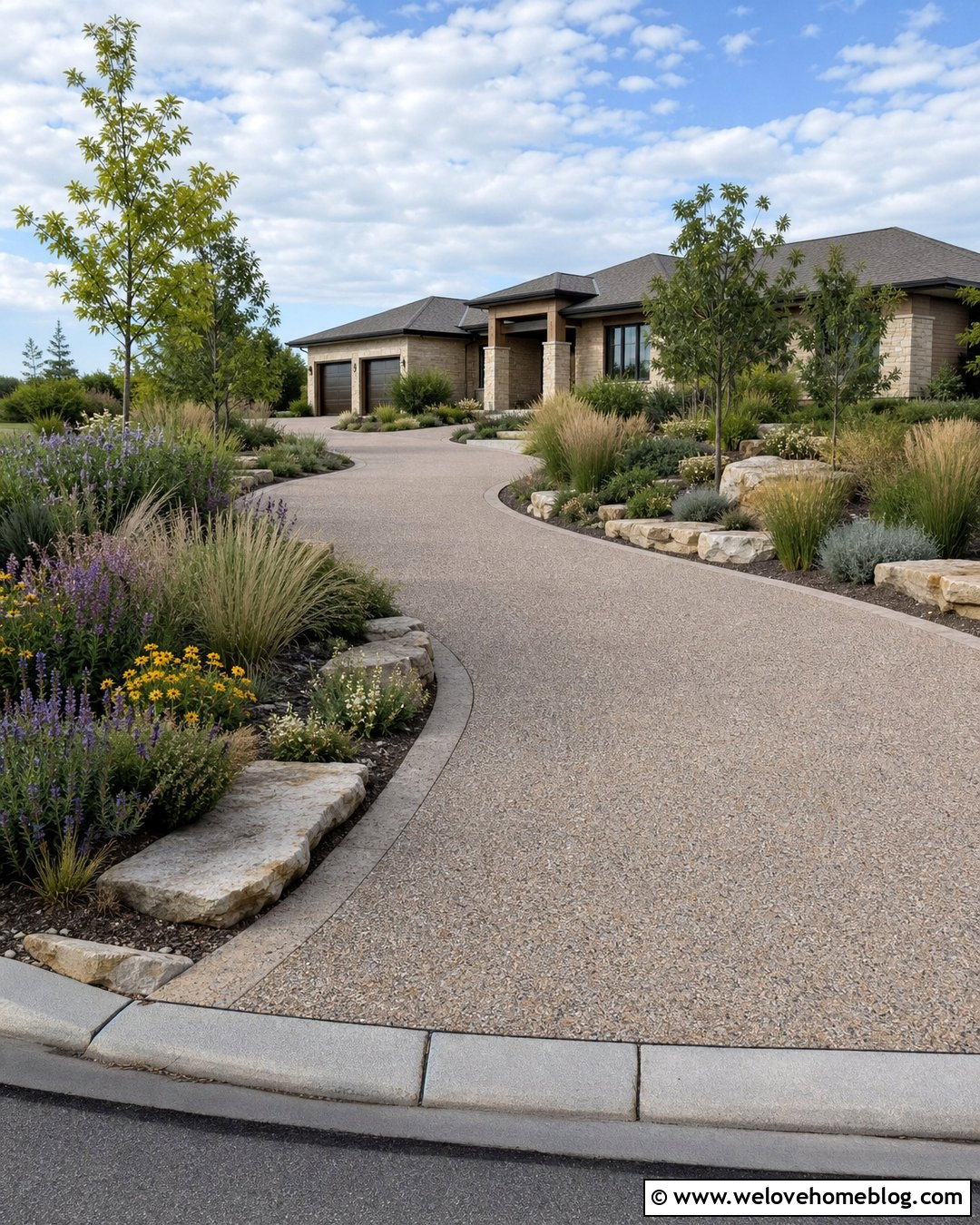 Curved Terrazzo Driveway With Native Plants - 20 Terrazo Driveway Ideas