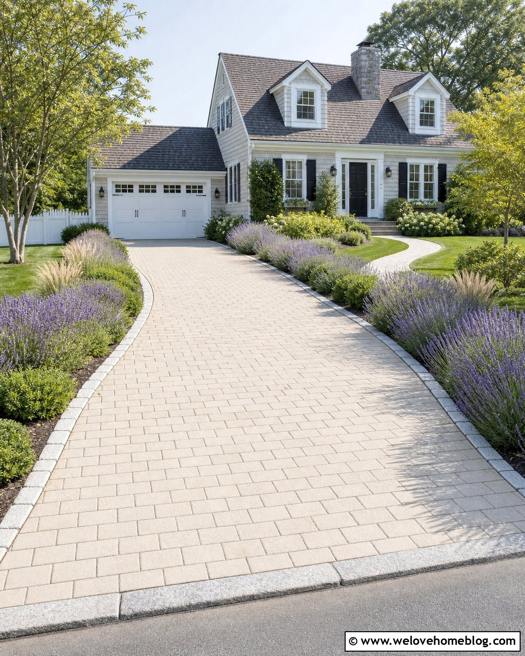 Curved White Brick Driveway With Lavender Borders - 20 White Brick Driveway Ideas