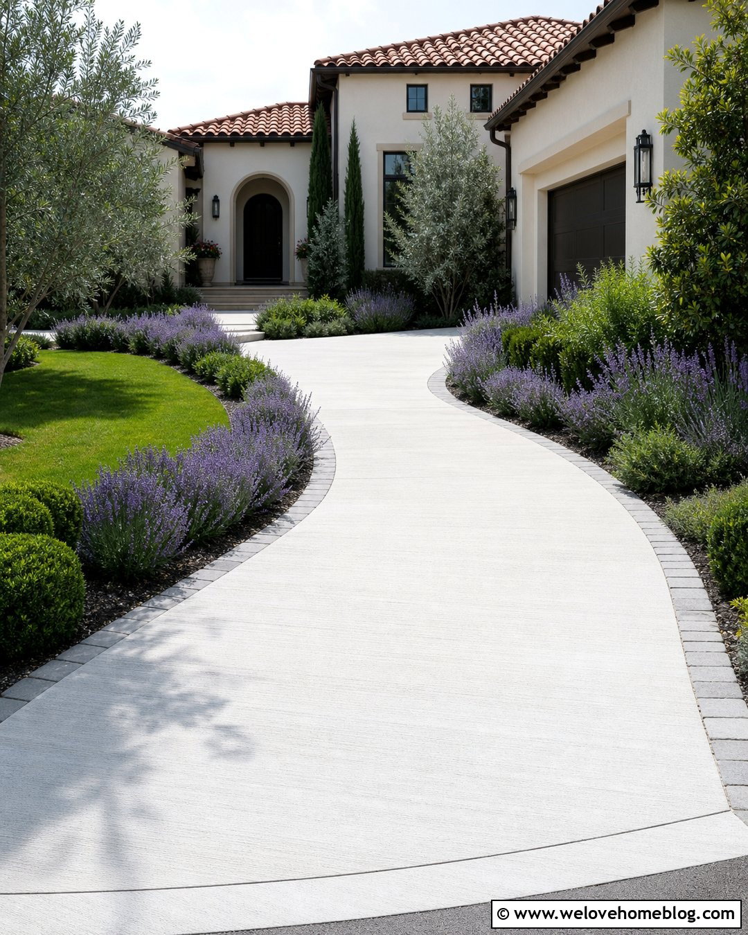 Curved White Concrete Driveway With Lavender Borders - 20 White Concrete Driveway Ideas