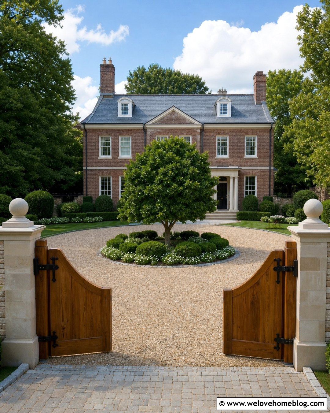 Curved Wooden Driveway Gate With A Circular Driveway - 35 Wooden Driveway Gates Ideas