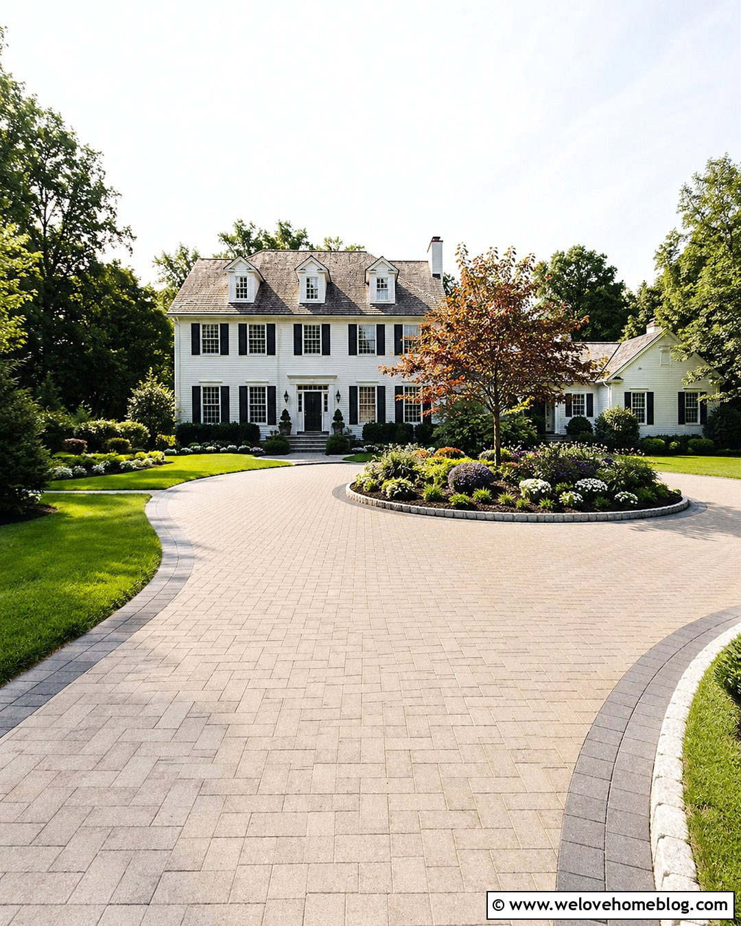 Curvy Driveway With A Landscaped Center Island - 20 Curvy Driveway Ideas