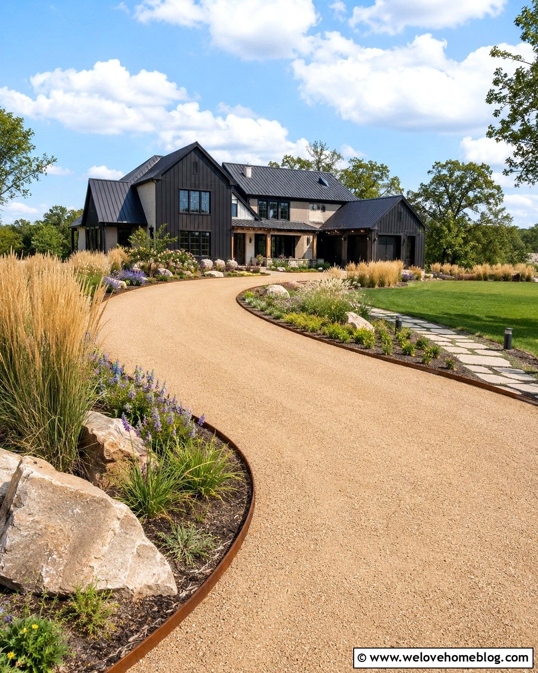 Curvy Driveway With Ornamental Grass Landscaping