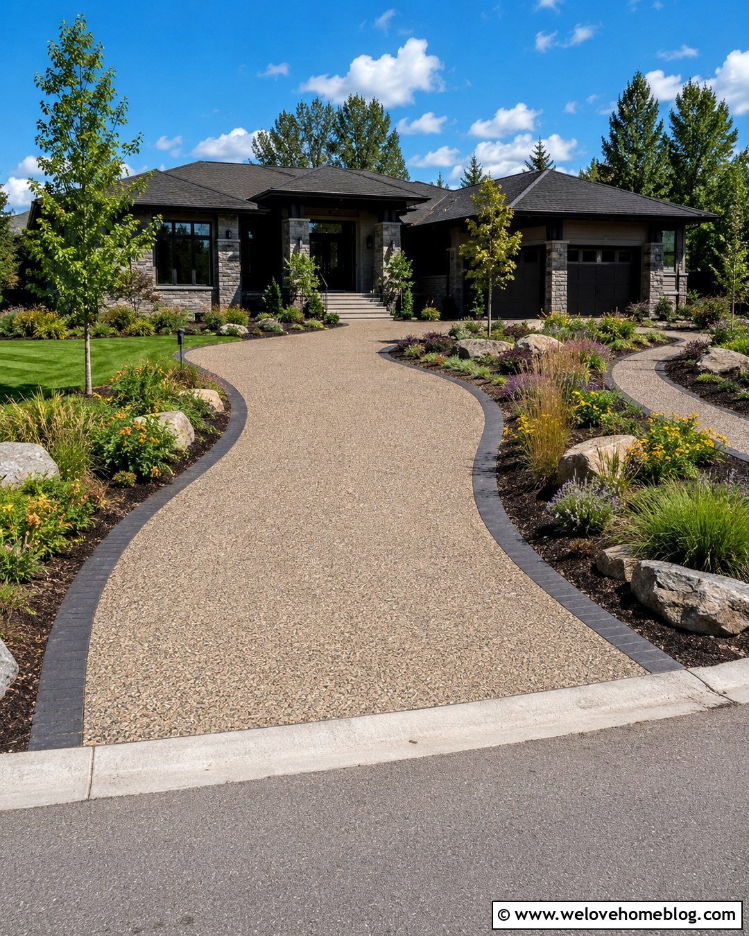 Curvy Exposed Aggregate Driveway With Native Plants - 20 Curvy Driveway Ideas