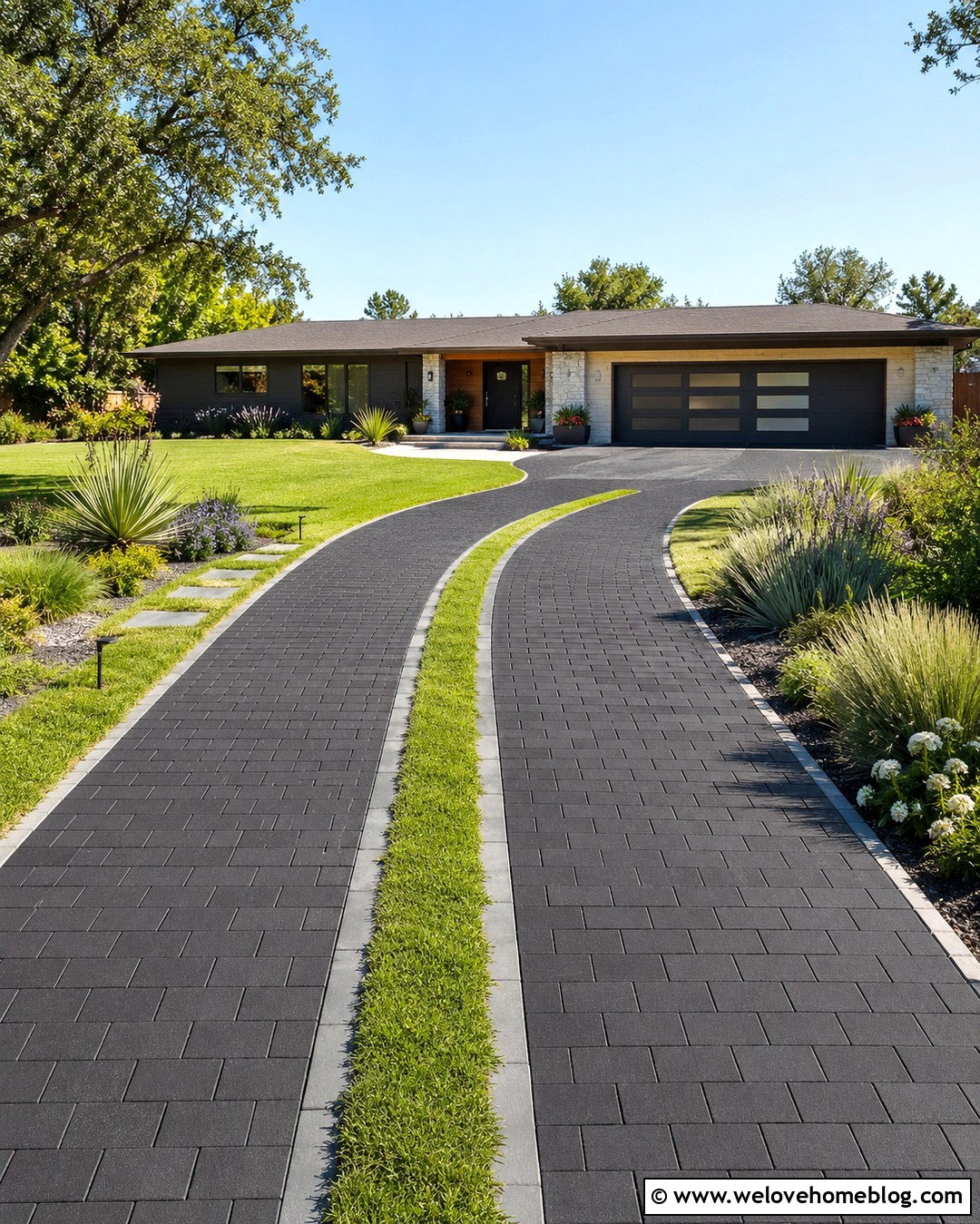 Curvy Paver Driveway With Grass Strips - 20 Curvy Driveway Ideas