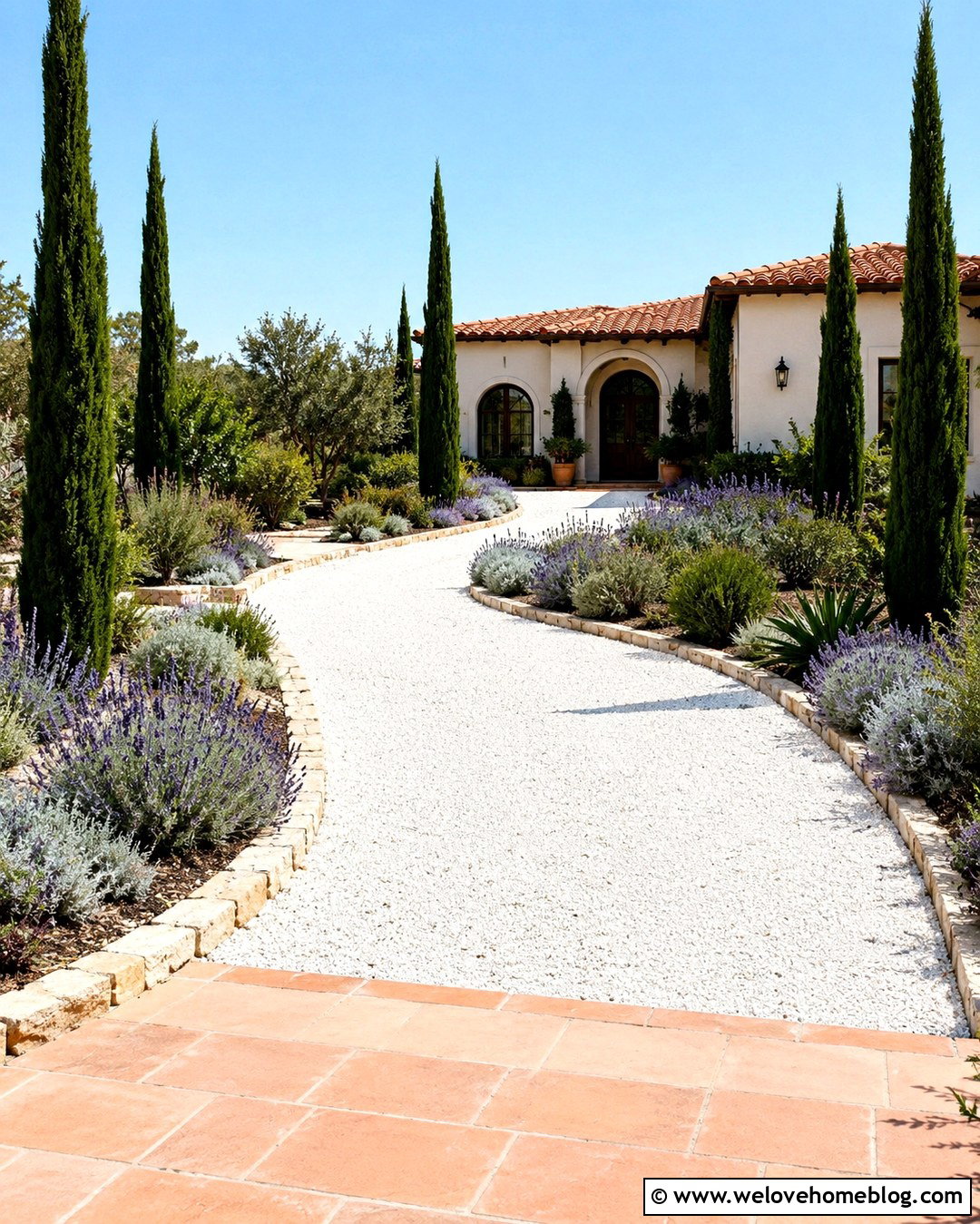 Cypress Lined White Gravel Driveway - 20 Plant Lined Driveway Ideas