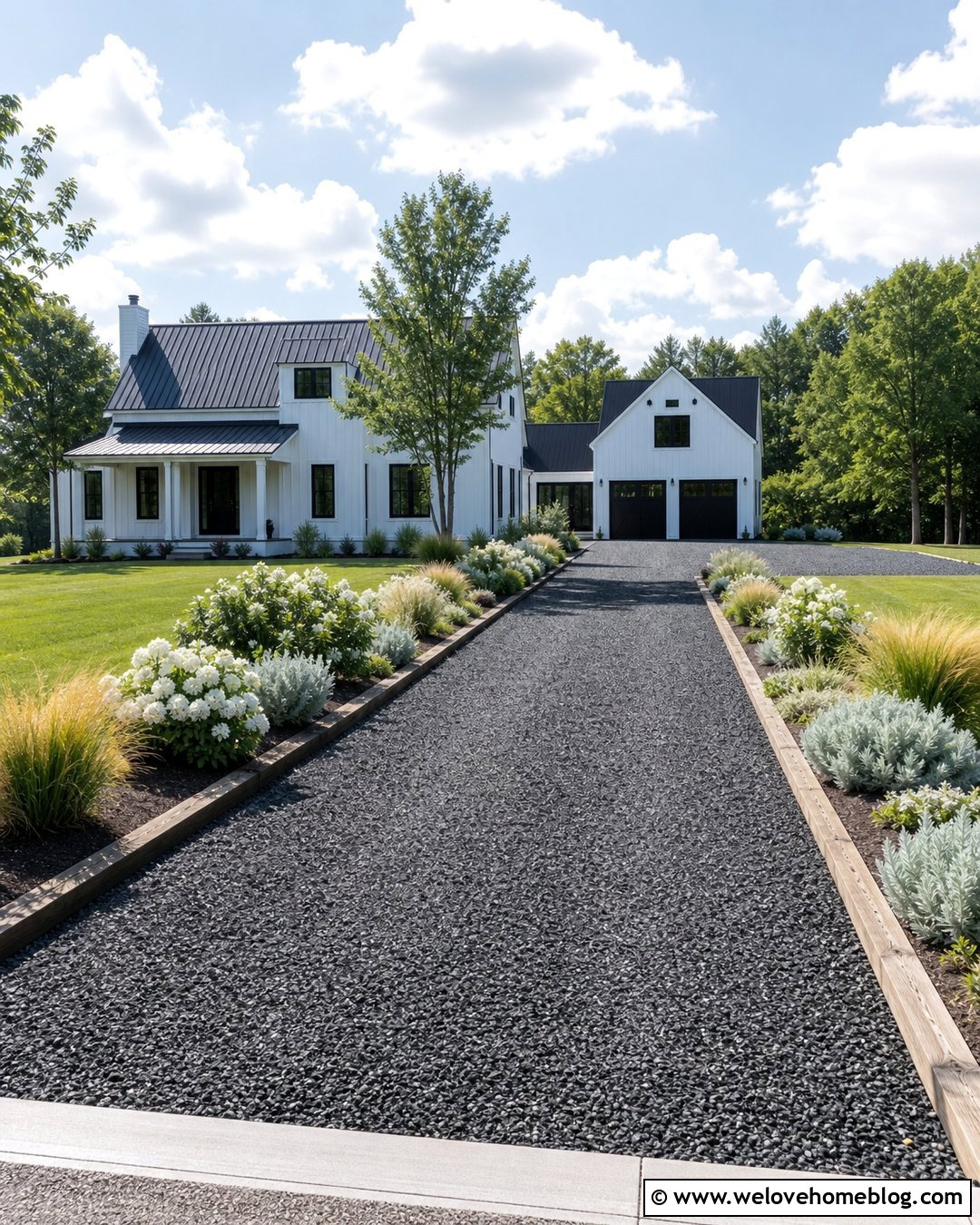 Dark Basalt Gravel Driveway With Timber Borders - 20 Farmhouse Gravel Driveway Ideas