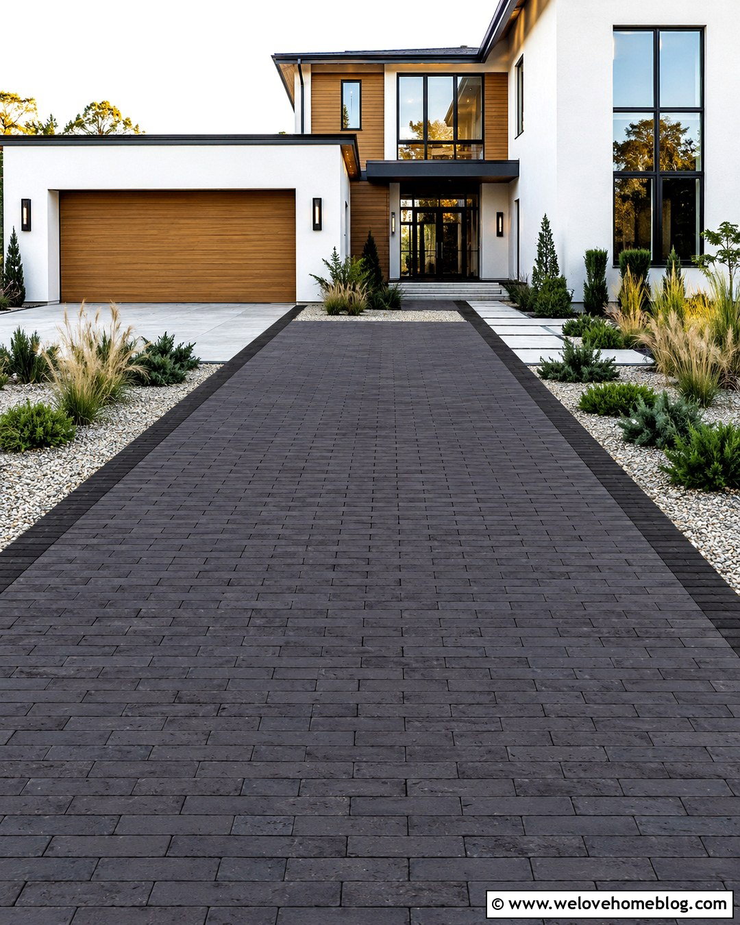 Dark Brick Driveway For A Modern House - 20 Brick Driveway In Suburban Neighborhood Ideas