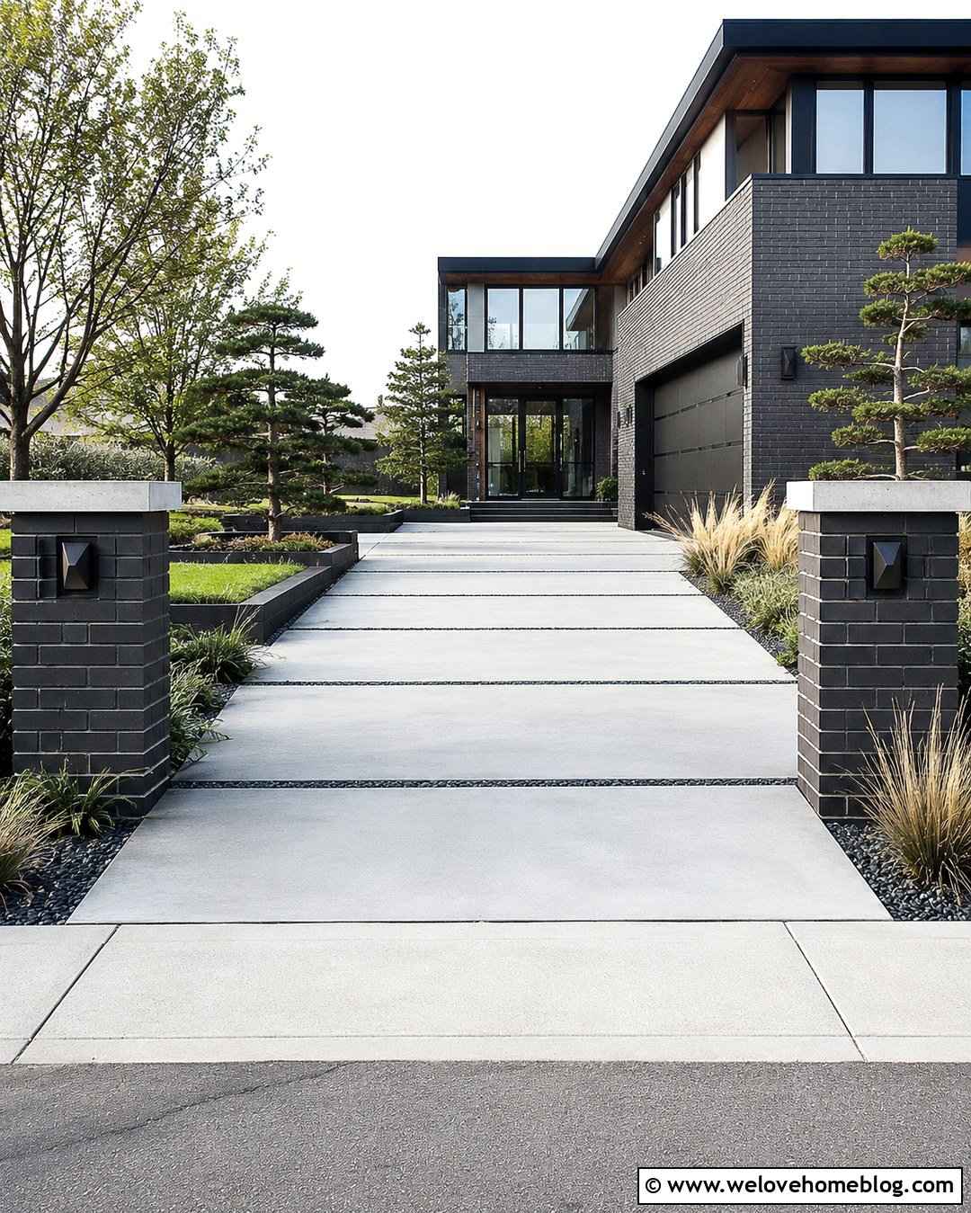 Dark Brick Driveway Pillars With Modern Cube Lights - 20 Brick Driveway Pillars With Lights Ideas