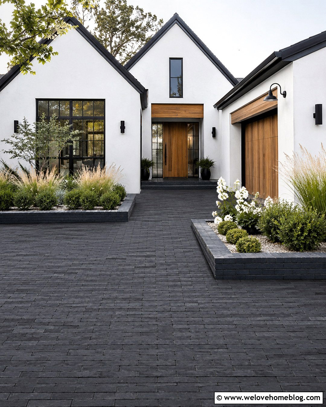 Dark Brick Driveway With Modern Garden Beds - 20 Brick Driveway With Garden Landscaping Ideas
